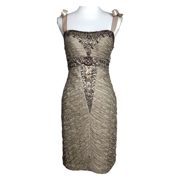 Sue Wong Nocturne Evening Dress Beige Beaded Fairycore Lace Sheath - Picture 1 of 10